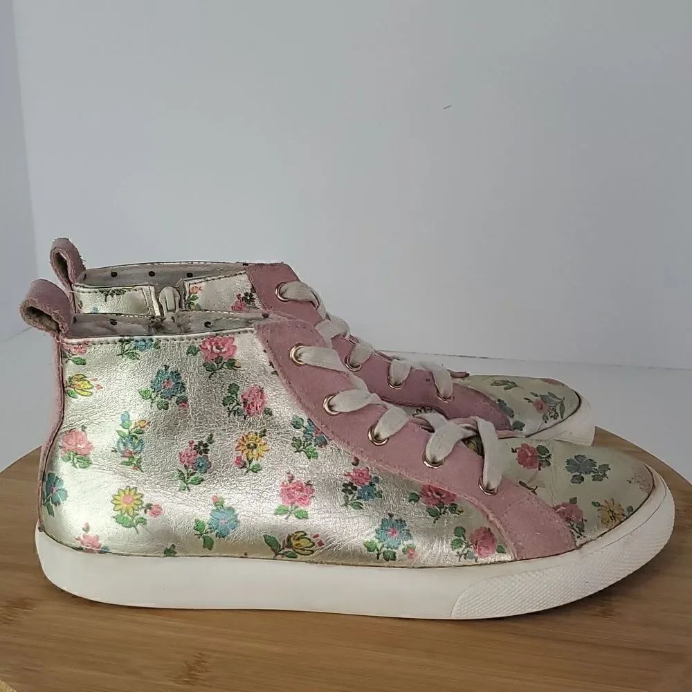 Mini Boden Metallic Gold & Pink Floral High-Top Sneakers Size 37
